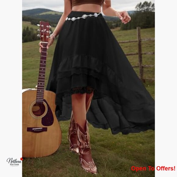 Polyester Maxi Skirt Asymmetrical High Low Lace Ruffle Tiered - Picture 5 of 7